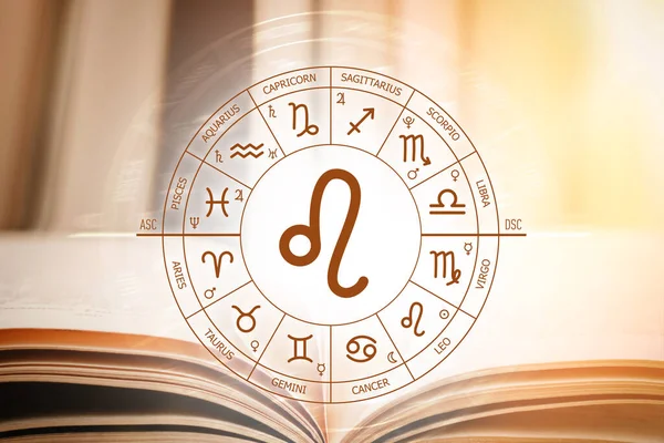 Zodiac circle against the background of an open book with leo sign. Astrological forecast for the signs of the zodiac. Characteristics of the sign leo. Astrology, esotericism, secret science