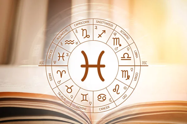 Zodiac circle against the background of an open book with pisces sign. Astrological forecast for the signs of the zodiac. Characteristics of the sign aquarius. Astrology, esotericism, secret science