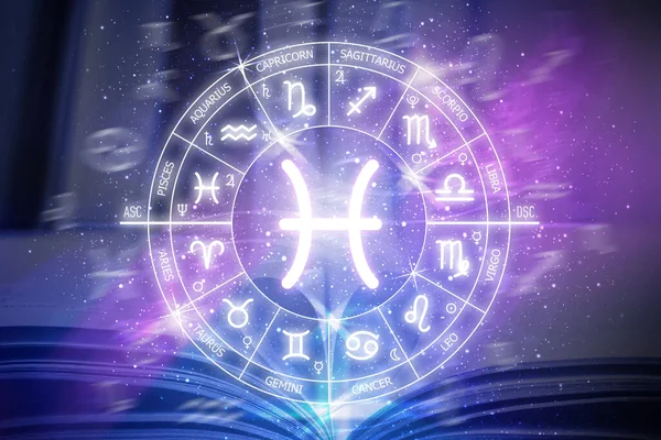 Pisces Zodiac Tecken Zodiac Cirkel Mörkblå Bakgrund Utrymmet Astrologi Kosmogram — Stockfoto