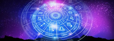 Astroloji. İnternet afişi. Bir uzayın arka planında Zodiac çemberi. Yıldızların ve gezegenlerin bilimi. Esrarengiz bilgi. Yönetici gezegenler. Zodyak 'ın 12 işareti. Boşluğu kopyala