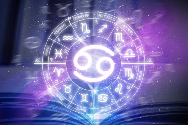 Kanser burcu. Soyut gece gökyüzü arkaplanı. Mavi uzay arka planında kanser ikonu. Uzayın koyu mavi arka planında Zodiac çemberi. Astroloji. Kozmogram. Zodyak 'ın on iki işareti