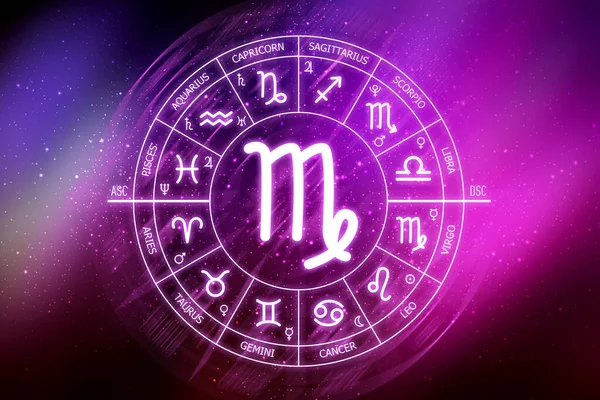 Başak burcu işareti. Mavi uzay arka planında başak simgesi. Uzayın koyu mavi arka planında Zodiac çemberi. Astroloji. Kozmogram. Zodyak 'ın on iki işareti