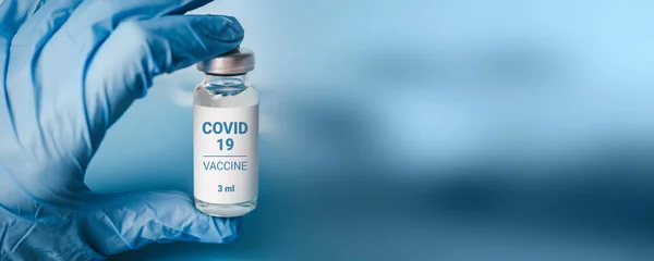 Banner Vacuna Contra Coronavirus Mano Del Médico Guante Médico Que — Foto de Stock