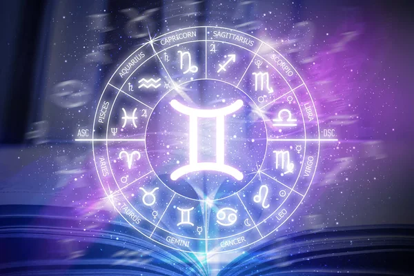 Gemini zodiac sign. Abstract night sky background. Gemini icon on blue space background. Zodiac circle on a dark blue background of the space. Astrology. Cosmogram. twelve signs of the zodiac