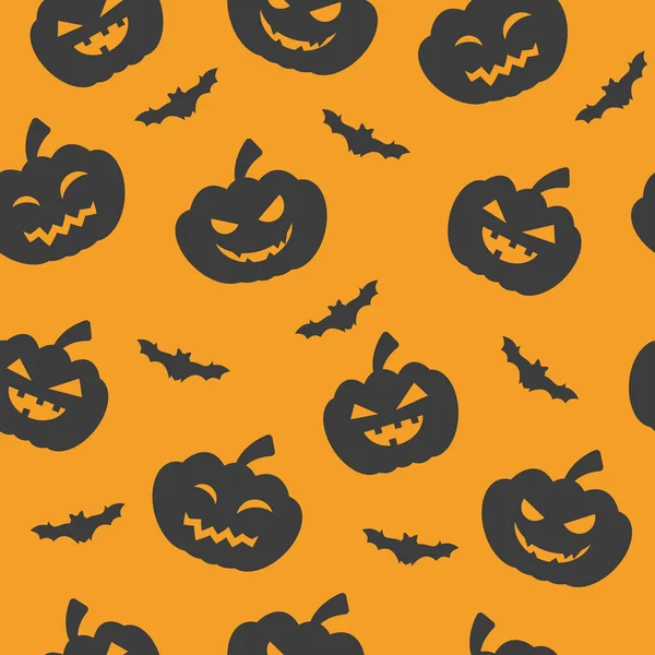 Halloween Seamless Pattern Pumpkins Bat Pumpkin Silhouettes Faces Orange Background — Stock Vector