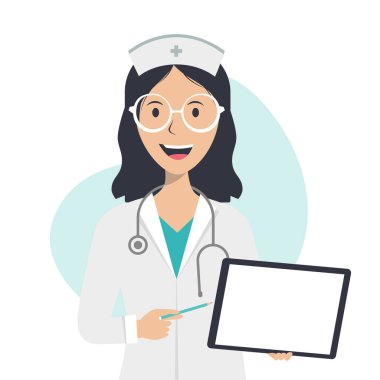 Hemşire boş bir ekranla tableti işaret ediyor. Tıbbi araştırma testi. Beyaz arka planda gülümseyen kadın doktor.