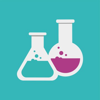 Mavi arka planda iki laboratuvar camı var. İki deney şişesi mavi ve kırmızı kimyasallı.