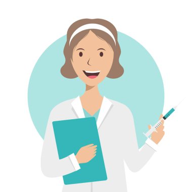 Hemşire elinde beyaz bir arka planda bir şırınga tutuyor. Bir hemşirenin elinde tıbbi bir kart, şırınga ve gülümseme var. Aşı konsepti, vektör düz illüstrasyon