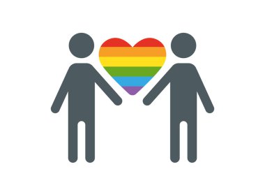 Eşcinsel insanların siluetleri beyaz arka planda bir kalple el ele tutuşuyorlar. LGBT konsepti, gey ve lezbiyen hakları. LGBT logosu. Eşcinsel çift simgesi