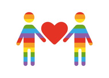 Eşcinsel insanların siluetleri beyaz arka planda bir kalple el ele tutuşuyorlar. LGBT konsepti, gey ve lezbiyen hakları. LGBT logosu. Eşcinsel çift simgesi