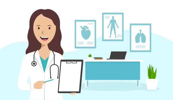 Ofiste bir kadın doktor duruyor ve elinde teşhis konmuş bir kağıt parçası var. Tıbbi test konsepti. Aile doktoru teşhis koyuyor ve aşı öneriyor. Doktorun iş yeri hazır.