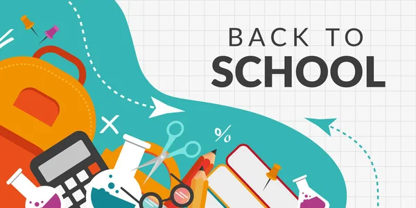 Back School Concept School Supplies Banner Backpack Books Pencils Magnifier — Stock Vector