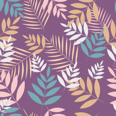 Mavi arka planda tropik yapraklar. Çiçek deseni. Tropik illüstrasyon. Yaz plajı tasarımı. Cennet doğası.