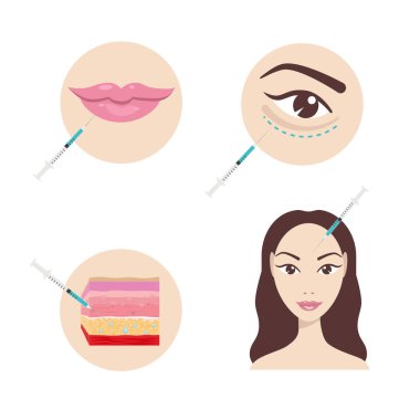 Hyaluronik asit yüz enjeksiyonu, vektör bilgi grafikleri tasarım şablonu. Güzellik, kozmetoloji, yaşlanma karşıtı konsept. Hyaluronik enjeksiyon ikonu vektör illüstrasyonunu ayarladı. Kırışıklıklara karşı kadın mezoterapisini gençleştiriyor.