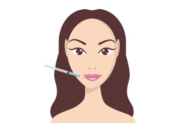 Hyaluronik asit yüz enjeksiyonu, vektör bilgi grafikleri tasarım şablonu. Güzellik, kozmetoloji, yaşlanma karşıtı konsept. Güzellik fotoğrafları. Kadın mezoterapi enjeksiyonunu gençleştiriyor. Dudak büyütme