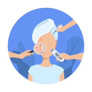 Sorunlu sivilce derisi. Ultrasonik fırçayla yüz temizleme, güzellik enjeksiyonları, büyüteçle cilt incelemesi. Genç bir kadının derisinin büyüteçle incelenmesi. Yüzünde sivilce olan genç bir kız.