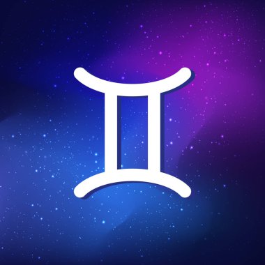 Gemini burcu. Soyut gece gökyüzü arkaplanı. Mavi uzay arka planında ikizler simgesi. vektör illüstrasyonu
