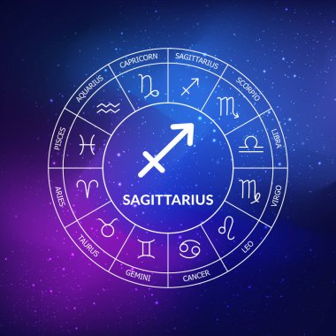Yay burcu burcu. Uzayın koyu mavi arka planında Zodiac çemberi. Astroloji. Kozmogram. Zodyak 'ın on iki işareti. Vektör illüstrasyonu