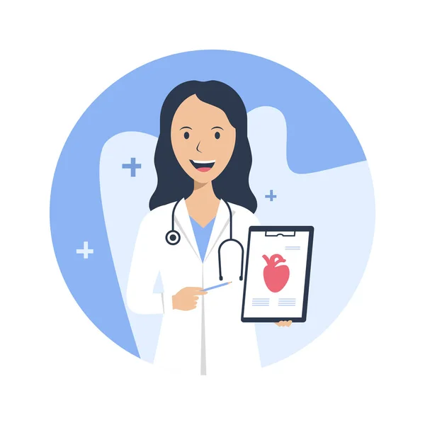 Cardiologie Maladies Système Cardiovasculaire Une Femme Médecin Tient Une Image — Image vectorielle