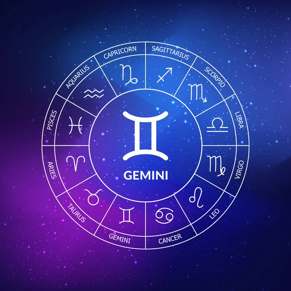 Znak Zodiaku Gemini Krąg Zodiaku Ciemnoniebieskim Tle Przestrzeni Astrologia Kosmogram — Wektor stockowy