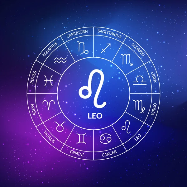 Znamení Leo Zodiac Zvěrokruh Tmavomodrém Pozadí Prostoru Astrologie Kosmogram Dvanáct — Stockový vektor