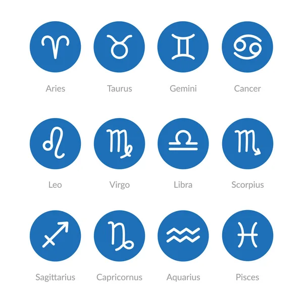Símbolos Del Zodíaco Conjunto Iconos Del Zodiaco Forma Azul Redondo — Vector de stock