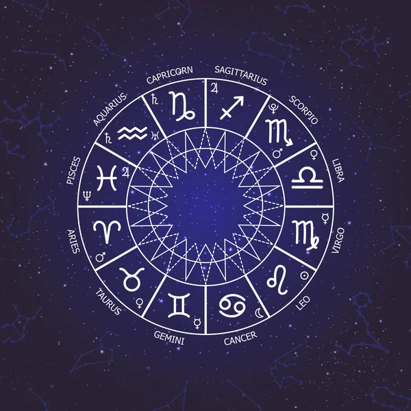 Círculo Del Zodíaco Sobre Fondo Azul Oscuro Del Espacio Astrología — Vector de stock