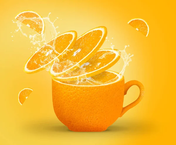 Orange juice splashing creative concept for poster, flyer, banner. Fresh orange juice or tea. Freshly squeezed orange