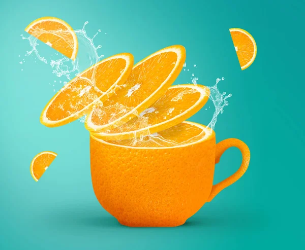 Orange juice splashing creative concept for poster, flyer, banner. Fresh orange juice or tea. Freshly squeezed orange