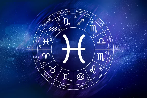 Pisces zodiac sign. Zodiac circle on a dark blue background of the space. Astrology. Cosmogram. twelve signs of the zodiac