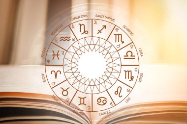 Açık bir kitabın arka planına karşı Zodiac çemberi. Zodiac 'ın işaretleri için astronomik tahminler. Astroloji, ezoterizm, gizli bilim