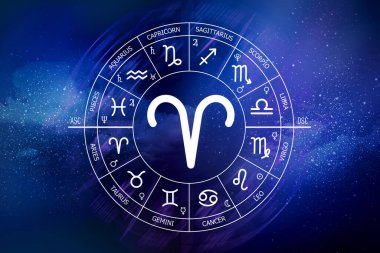 Koç burcu burcu. Soyut gece gökyüzü arkaplanı. Mavi uzay arka planında Koç simgesi. Uzayın koyu mavi arka planında Zodiac çemberi. Astroloji. Kozmogram. Zodyak 'ın on iki işareti