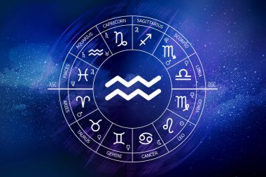 Kova burcu burcu. Mavi uzay arka planında Kova ikonu. Uzayın koyu mavi arka planında Zodiac çemberi. Astroloji. Kozmogram. Zodyak 'ın on iki işareti