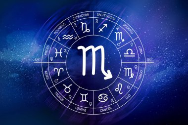 Akrep burcu. Soyut gece gökyüzü arkaplanı. Mavi uzay arka planında Akrep simgesi. Uzayın koyu mavi arka planında Zodiac çemberi. Astroloji. Kozmogram. Zodyak 'ın on iki işareti