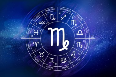 Başak burcu işareti. Soyut gece gökyüzü arkaplanı. Mavi uzay arka planında başak simgesi. Uzayın koyu mavi arka planında Zodiac çemberi. Astroloji. Kozmogram. Zodyak 'ın on iki işareti