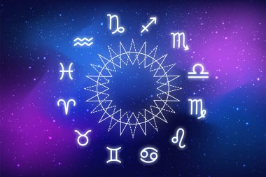 Astrolojik tahmin. Karanlık kozmosun arka planında Zodiac çemberi. Astroloji. Yıldızların ve gezegenlerin bilimi. Esrarengiz bilgi. Yönetici gezegenler. Zodyak 'ın 12 işareti.