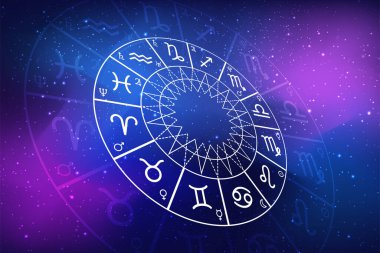 Karanlık kozmosun arka planında Zodiac çemberi. Astroloji. Yıldızların ve gezegenlerin bilimi. Esrarengiz bilgi. Yönetici gezegenler. Zodyak 'ın 12 işareti.