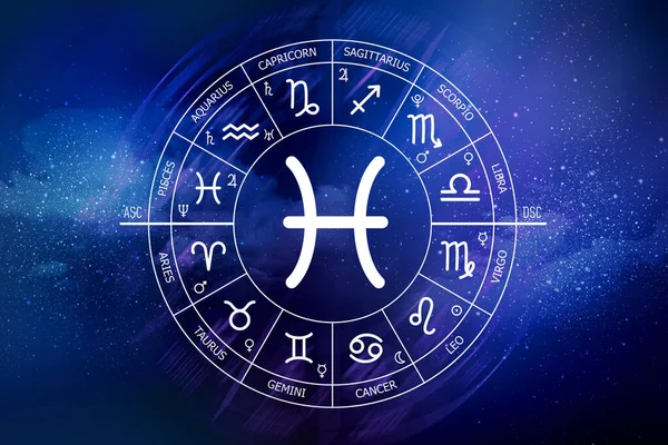 Halak Állatöv Jel Zodiákus Kör Tér Sötétkék Hátterében Asztrológia Kozmogram — Stock Fotó