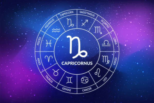 Capricorn zodiac sign. Abstract night sky background. Capricorn icon on blue space background. Zodiac circle on a dark blue background of the space. Astrology. Cosmogram. twelve signs of the zodiac