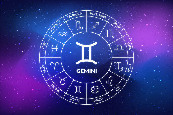 Gemini zodiac sign. Abstract night sky background. Gemini icon on blue space background. Zodiac circle on a dark blue background of the space. Astrology. Cosmogram. twelve signs of the zodiac
