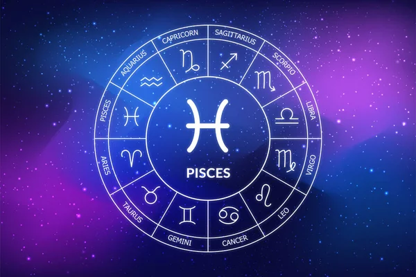 Pisces zodiac sign. Zodiac circle on a dark blue background of the space. Astrology. Cosmogram. twelve signs of the zodiac