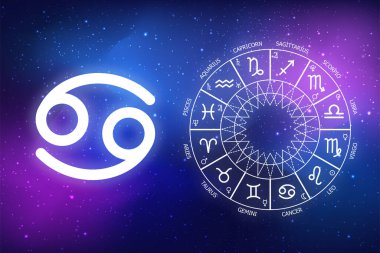 Burç burcu kanseri için astrolojik tahminler. Mavi uzay arka planında ikon kanseri. Uzayın koyu mavi arka planında Zodiac çemberi. Astroloji
