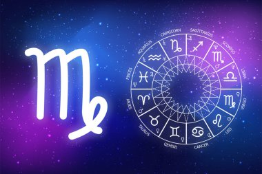 Başak burcu burcu için astrolojik tahmin. Mavi uzay arka planında simge başak. Uzayın koyu mavi arka planında Zodiac çemberi. Astroloji