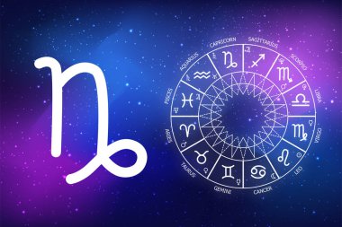 Burç burcu Oğlak burcu için astrolojik tahminler. Mavi uzay arka planında ikon oğlak burcu. Uzayın koyu mavi arka planında Zodiac çemberi. Astroloji