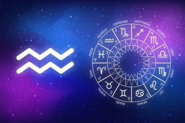 Kova burcu burcunun astrolojik tahminleri. Mavi uzay arka planında ikon Kova. Uzayın koyu mavi arka planında Zodiac çemberi. Astroloji
