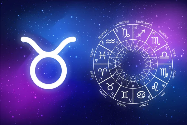 Burç burcu Taurus için astrolojik tahmin. Mavi uzay arka planında ikon boğa. Uzayın koyu mavi arka planında Zodiac çemberi. Astroloji
