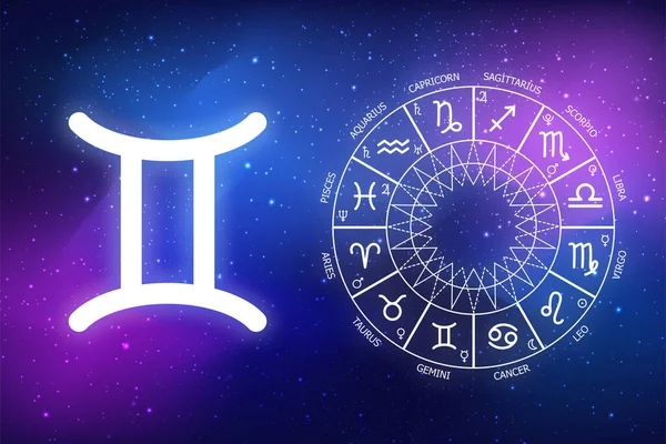 astrological forecast for a zodiac sign gemini. icon gemini on blue space background. Zodiac circle on a dark blue background of the space. Astrology