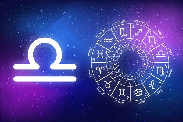 astrological forecast for a zodiac sign libra. icon libra on blue space background. Zodiac circle on a dark blue background of the space. Astrology