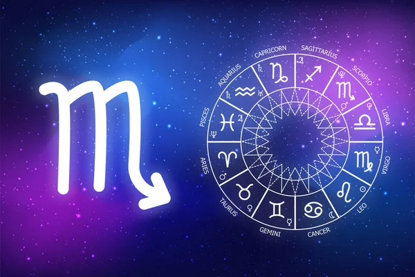 astrological forecast for a zodiac sign scorpio. icon scorpio on blue space background. Zodiac circle on a dark blue background of the space. Astrology