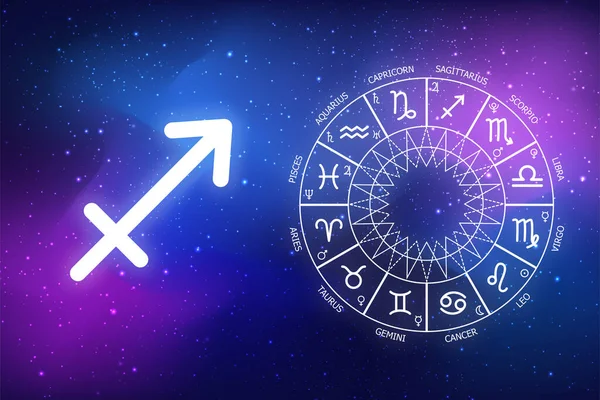 astrological forecast for a zodiac sign Sagittarius. icon Sagittarius on blue space background. Zodiac circle on a dark blue background of the space. Astrology